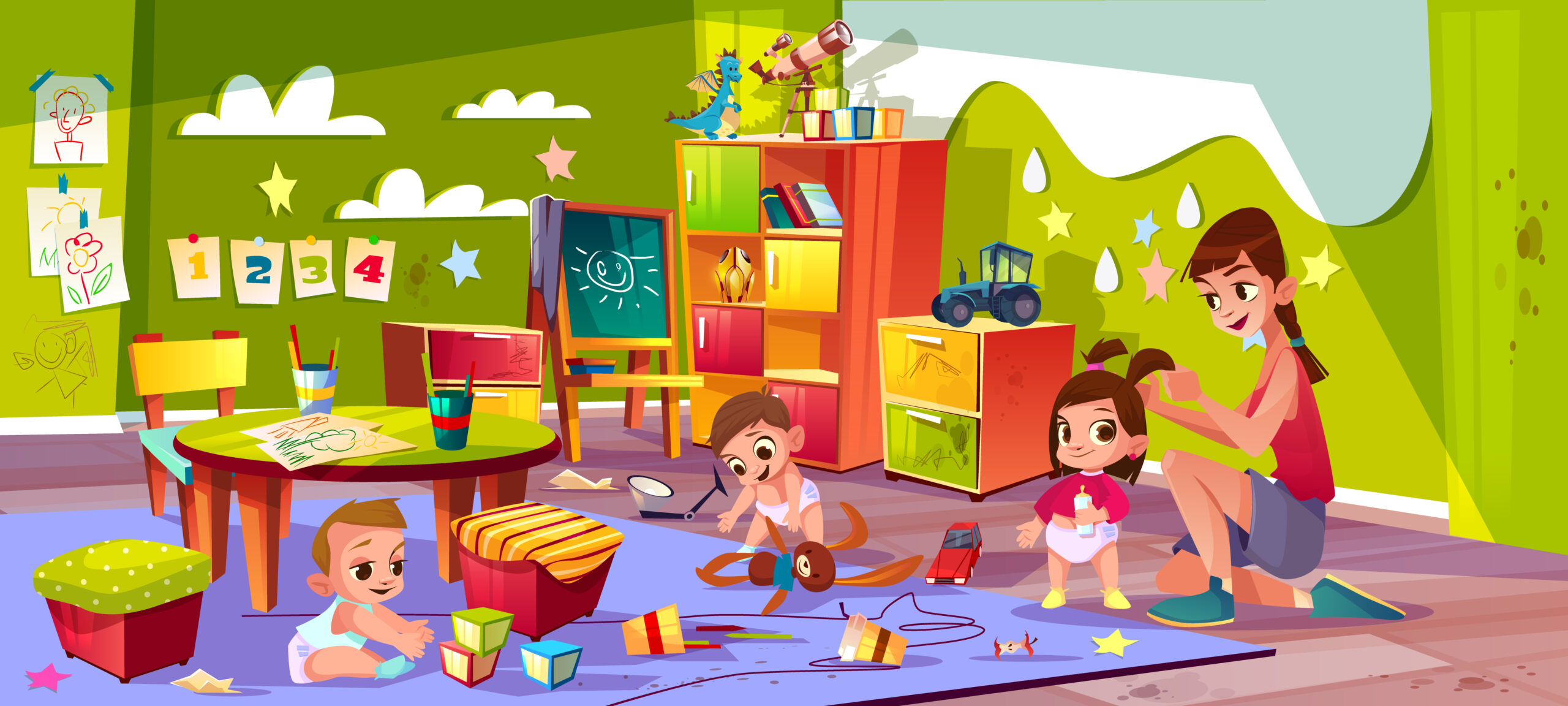 Children in nursery school cartoon vector. Baby boys playing toys, female teacher making pigtails to little girl in nursery age group of kindergarten illustration. Early childhood education concept